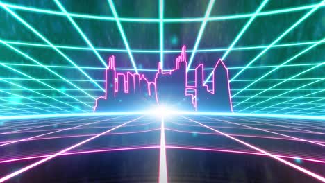 Retro-80s-VHS-tape-video-game-intro-landscape-vector-arcade-wireframe-city-4k